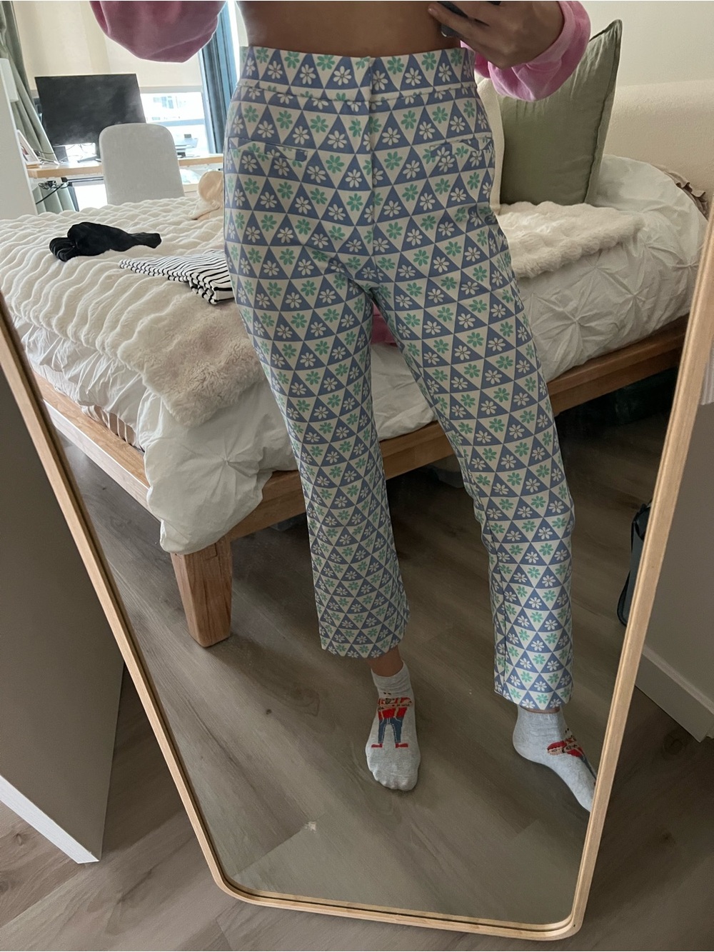 High-Waist Geometric Print Cropped Pants - Blue/Green